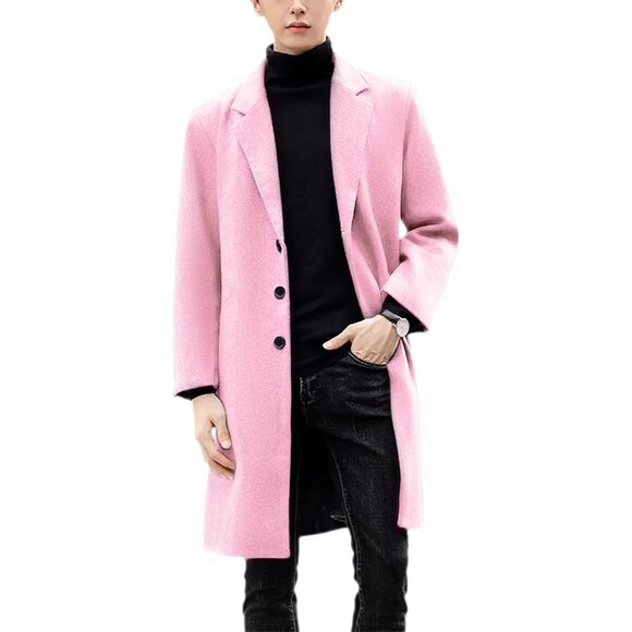 💫 Men Pink Wool Trench Coat Blend Notch Lapel Camel Winter Long Sleeve Peacoats